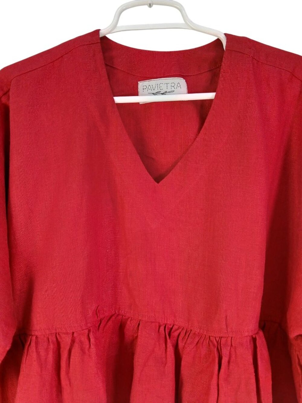 Pavietra Womens Red Linen Peplum Ruffled Peplum Linen Top V Neck - Picture 2 of 12